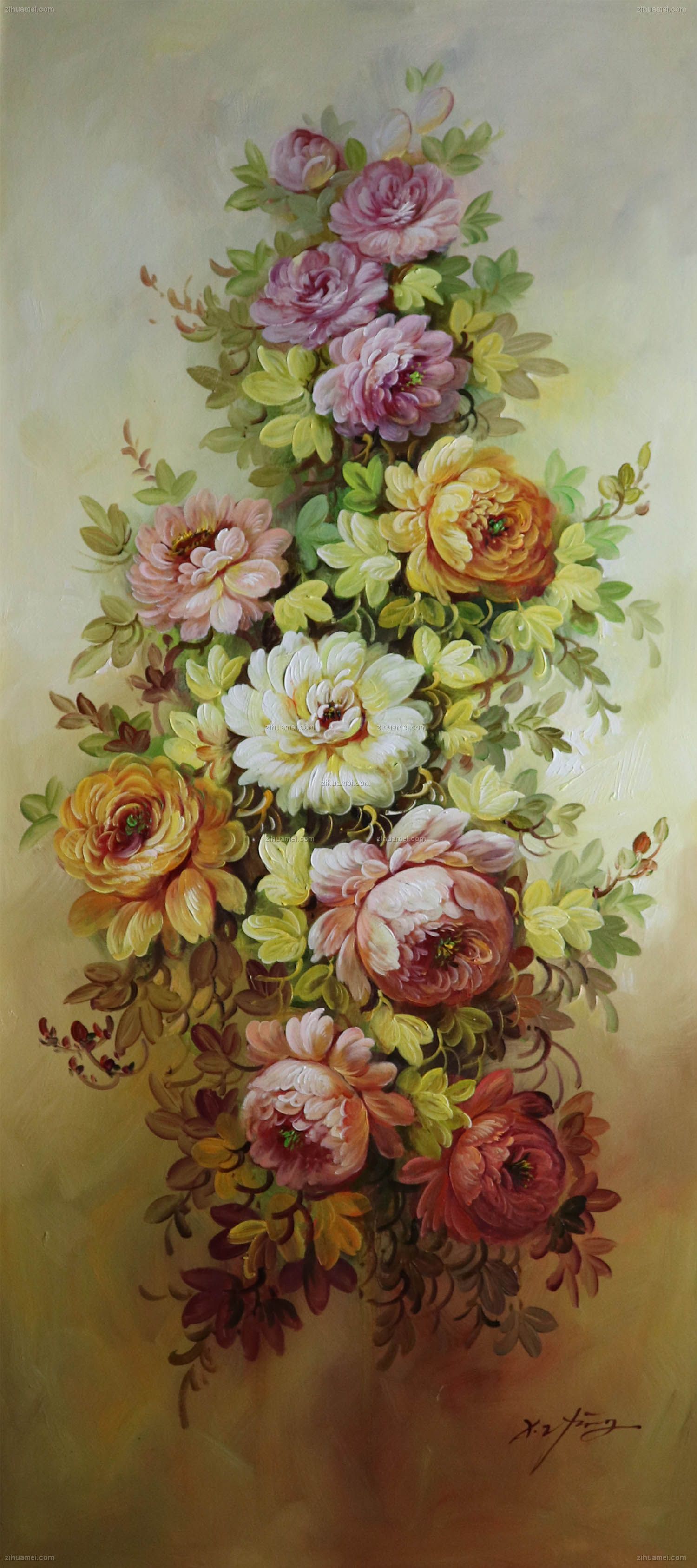 纯手绘手工 原创油画 花开富贵 线条框