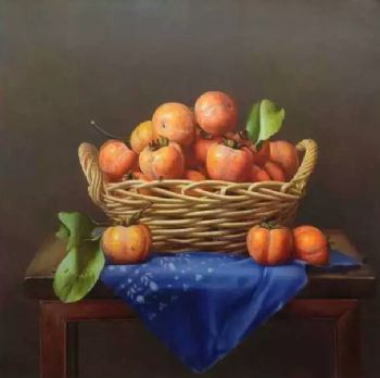 纯手绘手工 静物油画 中式油画 柿子 竹篮 事事如意 家庭挂画 酒店挂
