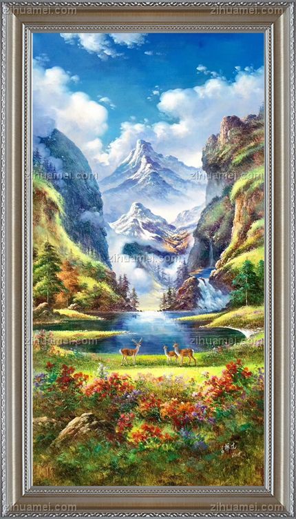 风水油画 聚宝盆 白云 高山 小鹿 纯手绘手工 线条框