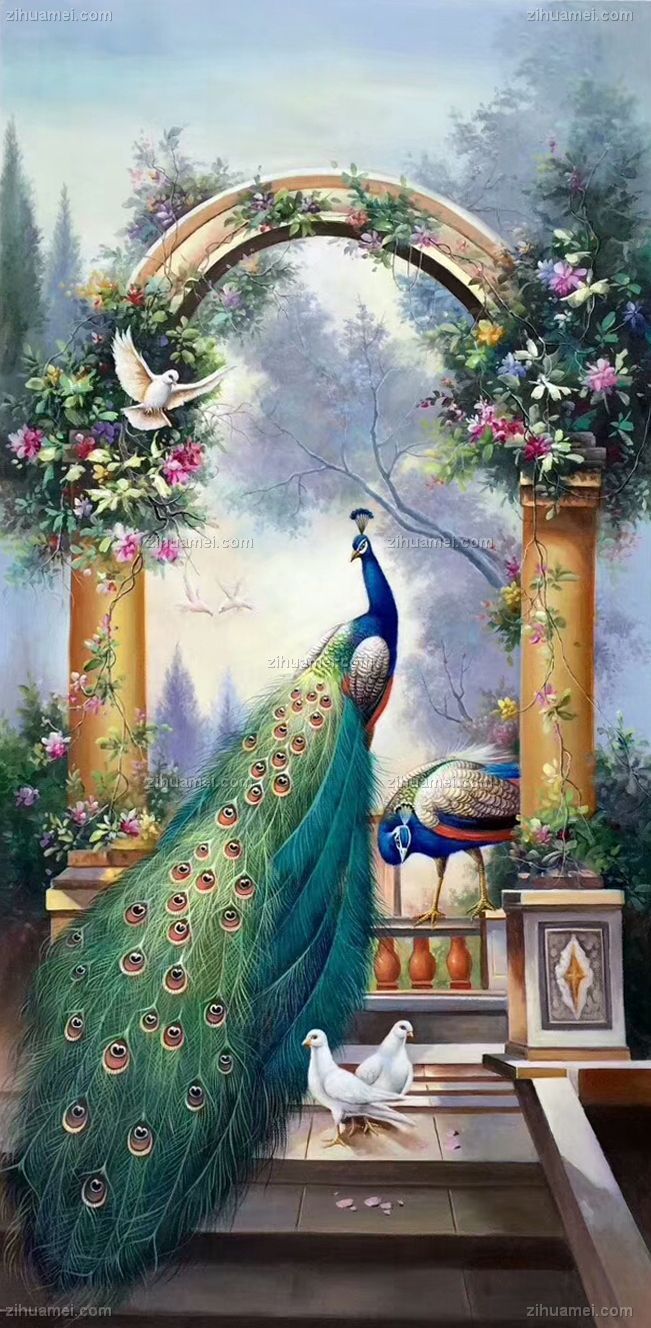纯手绘手工 双孔雀 白鸽 中式油画 家庭挂画 酒店挂画