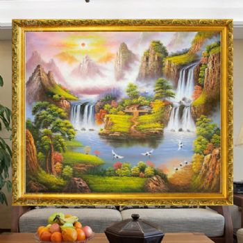 风水油画 聚宝盆 青松 白鹤 瀑布 木屋 纯手绘手工 线条框挂在客厅的