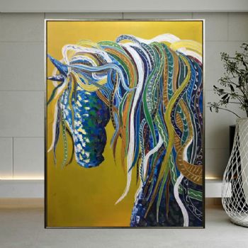 纯手绘手工家庭挂画酒店挂画玄观中式挂画多彩的马 装饰画 线条框 dcd